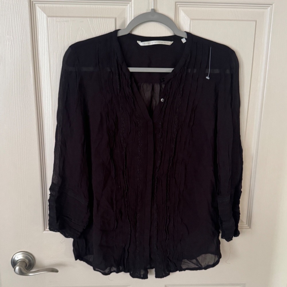 Twelfth Street Cynthia Vincent Black Silk Pintuck Lace Blouse Boho Sheer Top s1